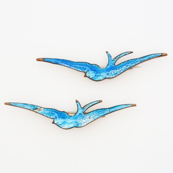 Set of Antique Edwardian Guilloche Enamel Blue Swallow Brooches Love, Loyalty